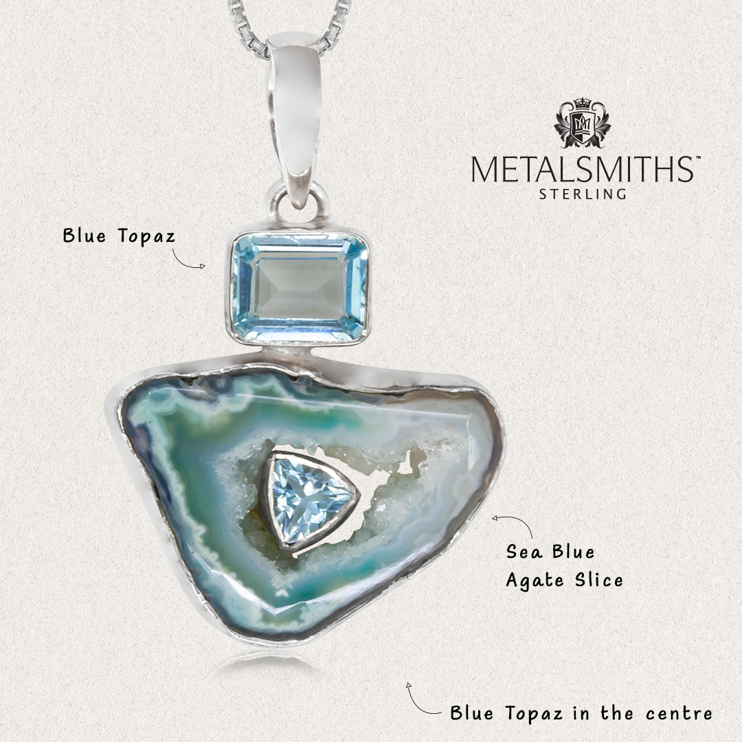 Sea Blue Agate Slice with Bezel Set Blue Topaz Pendant