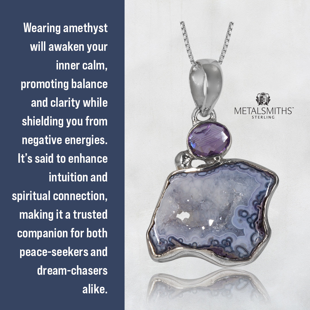 Amethyst Agate Slice with Bezel Set Amethyst Pendant