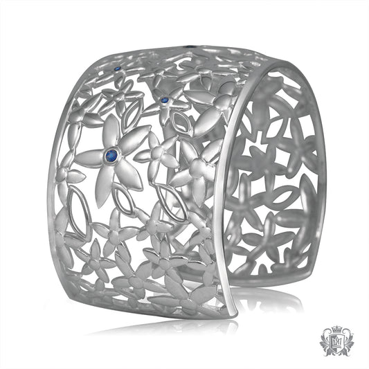 Daisy Pattern Wide Cuff Bangle with Cubic Sapphire Accents