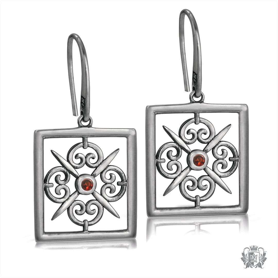 Garnet Square Scroll Earrings