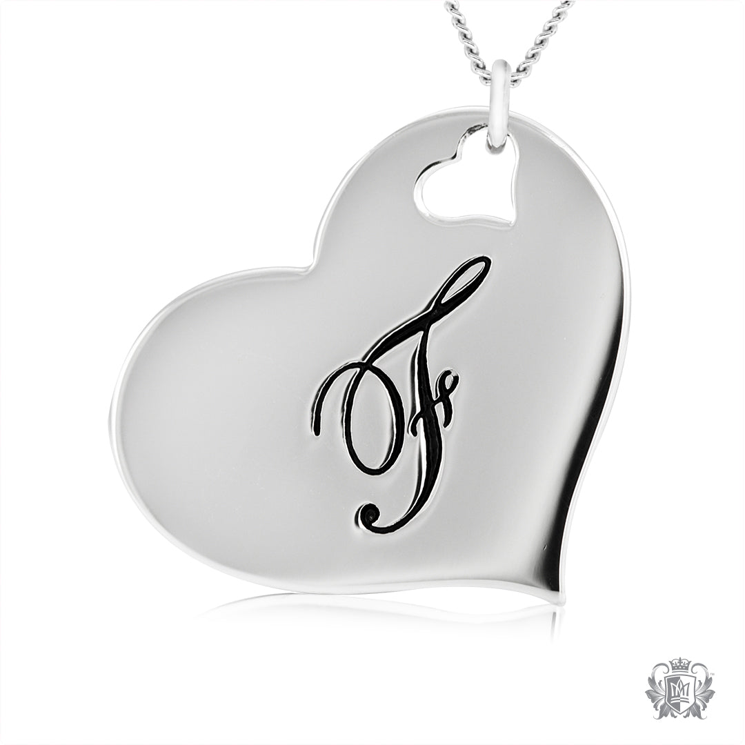 Engraved Letter F Initial Heart Pendant