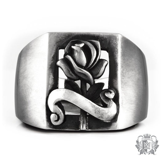 Metalsmiths Sterling Silver Vintage Tattoo Rose Signet Ring - front
