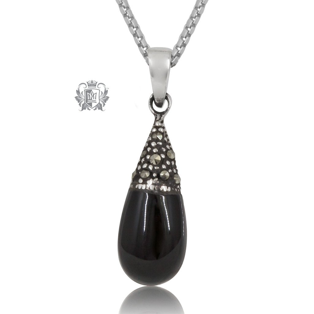 Sterling Silver Marcasite & Black Enamel Pear Pendant