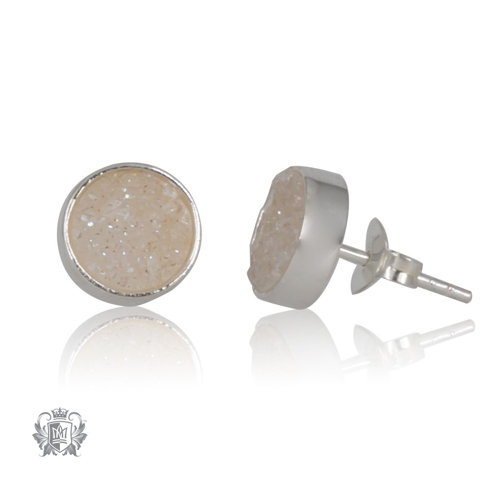 White Druzy Round Stud Earrings SIDE Metalsmiths Sterling Silver