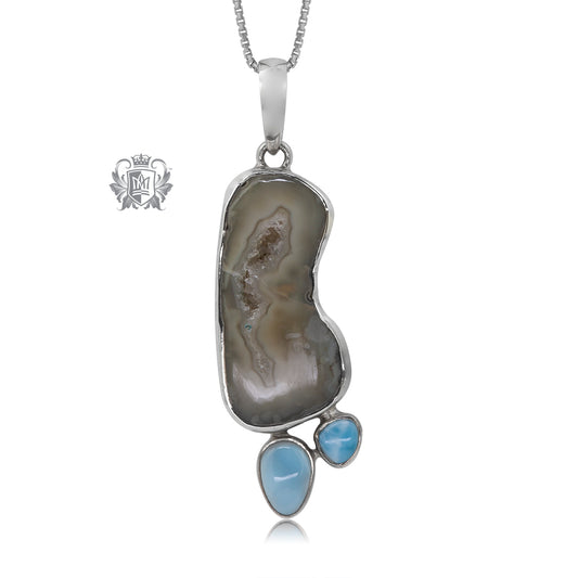 Sea Blue Agate Slice & Larimar Accent Pendant