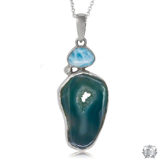 Sea Blue Agate Slice with Larimar Accent Pendant