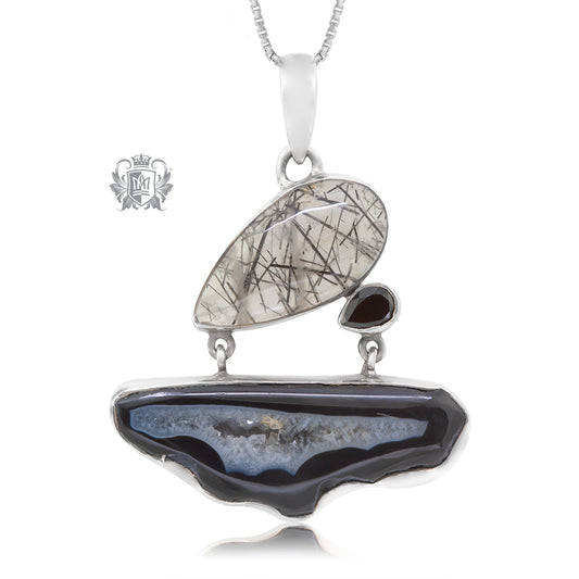 Black Agate and Rutilated Quartz Pendant