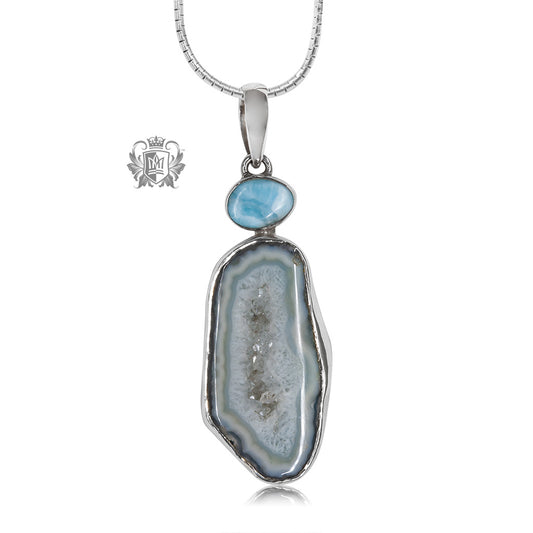 Sea Blue Agate Slice with Larimar Accent Pendant