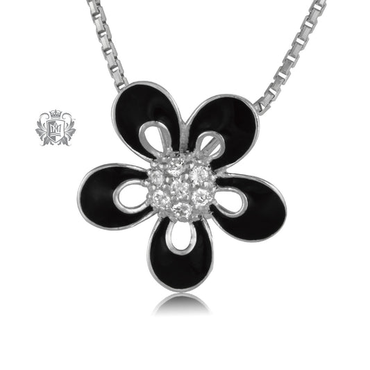 Black Enamel Daisy Pendant with Cubics