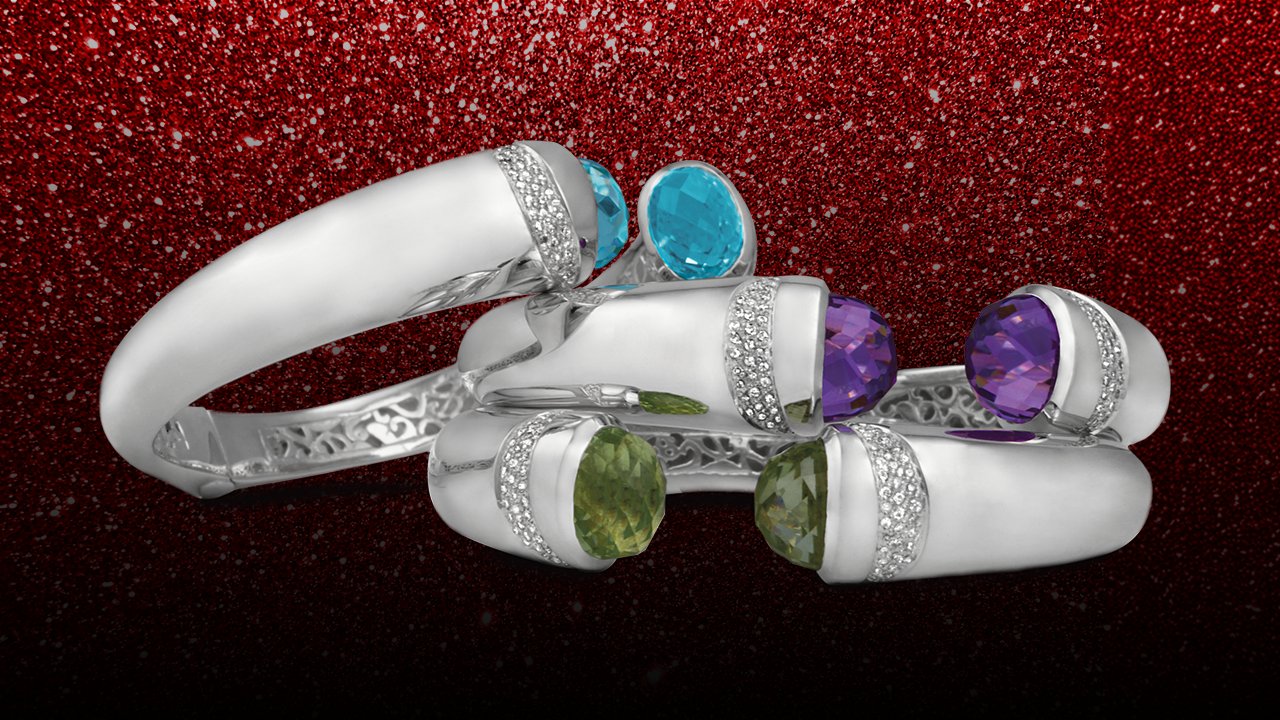Sterling silver bangle with blue topaz and amethyst