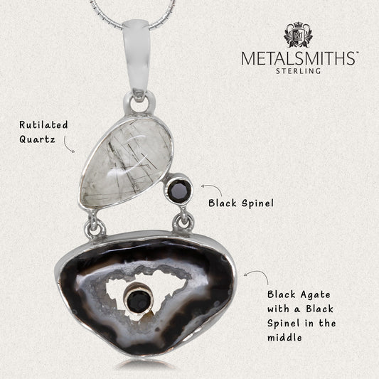 Black Agate Slice & Rutilated Quartz Pendant