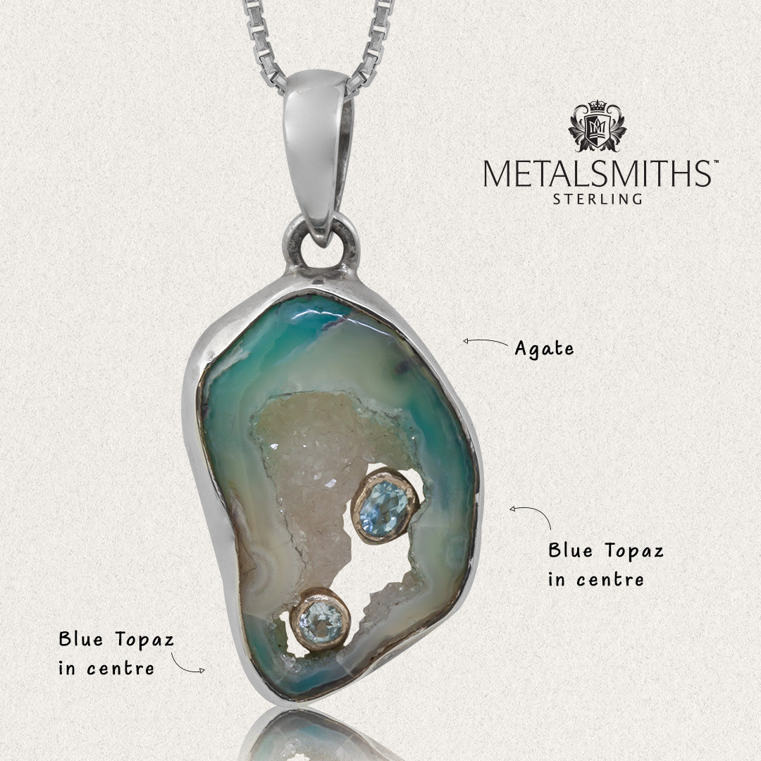 Sea Blue Agate Slice with Inset Blue Topaz Pendant