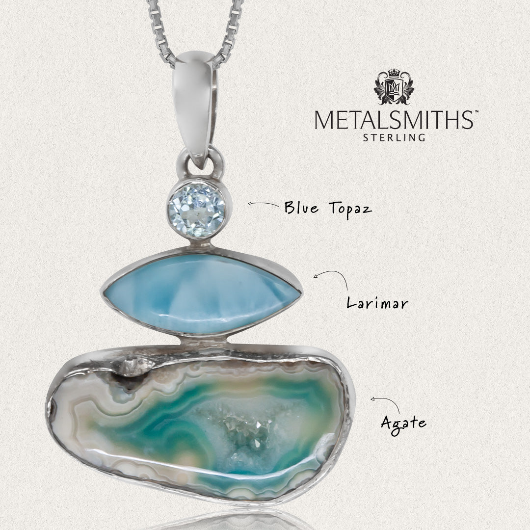 Sea Blue Agate with Blue Topaz and Larimar Accent Pendant
