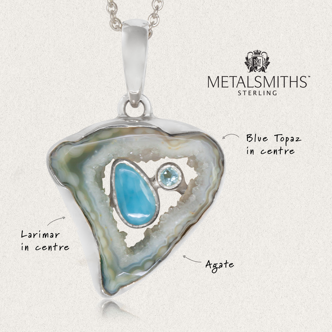 Sea Blue Agate Slice with Inset Blue Topaz and Larimar Pendant