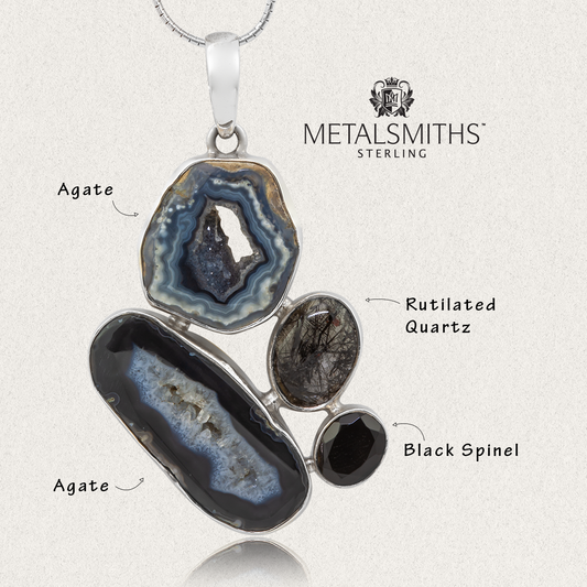 Black Agate Slice, Black Spinel & Rutilated Quartz Pendant
