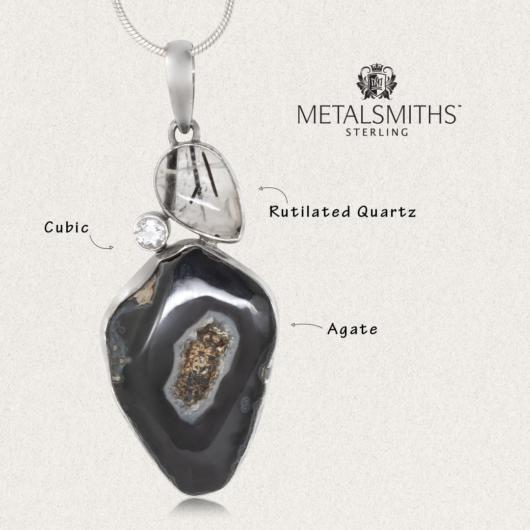 Black Agate & Rutilated Quartz Statement Pendant
