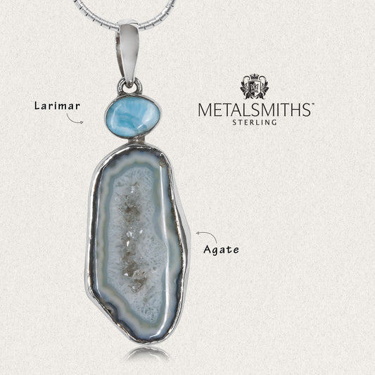 Sea Blue Agate Slice with Larimar Accent Pendant
