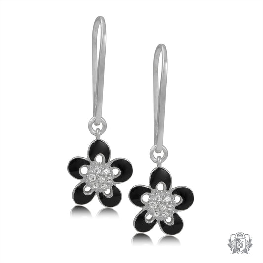 Floral Black Enamel Hanger Earrings