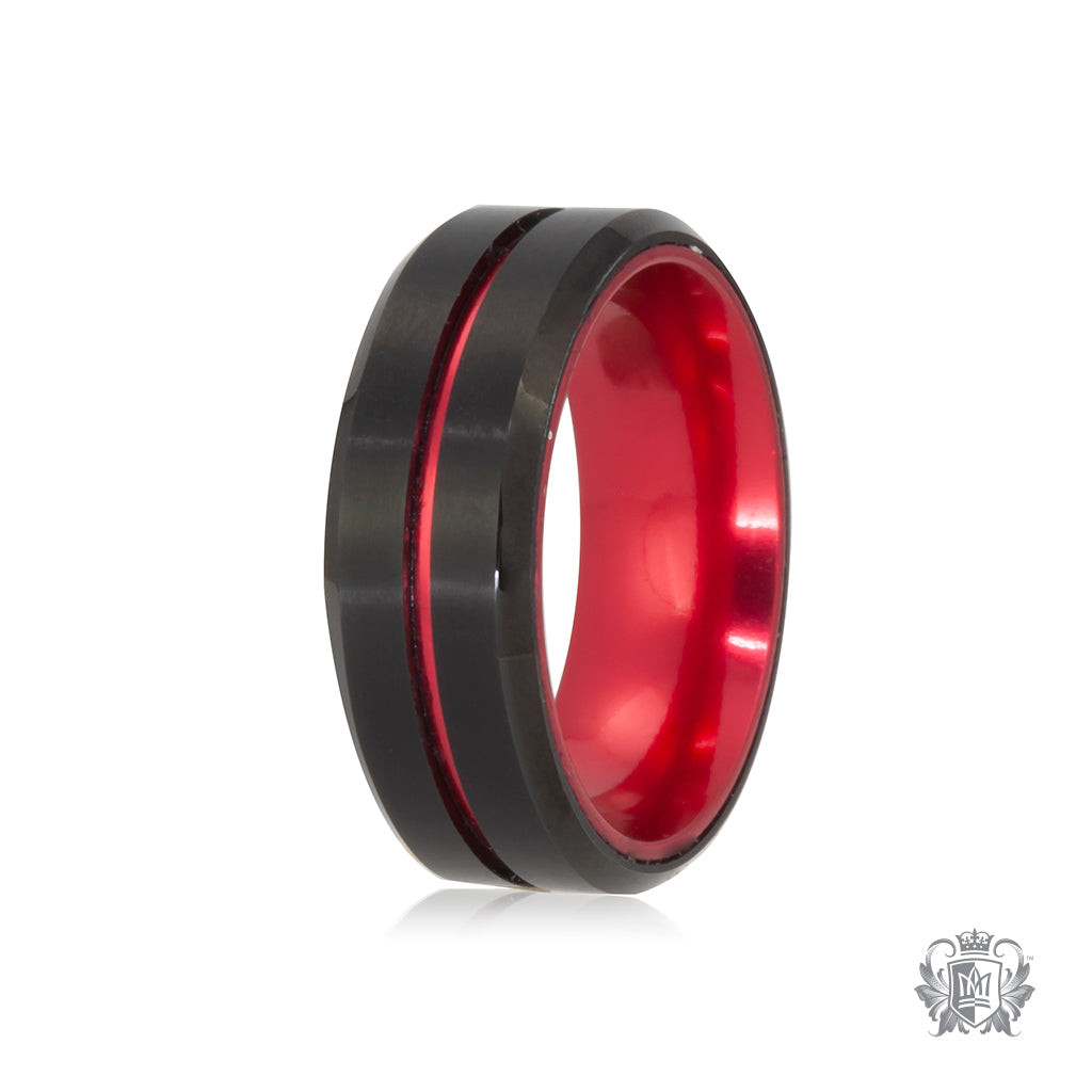 Black and Red Tungsten Grooved Band