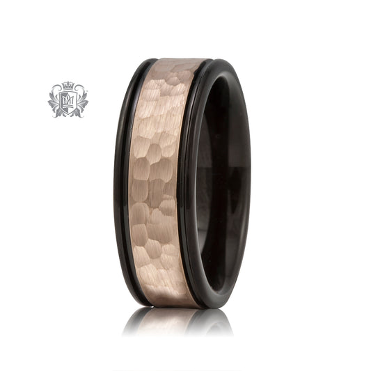 Black Tungsten Band with Rose Gold Coloured Hammered Inlay