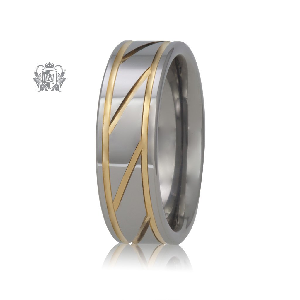 Sharp Diagonal Tungsten Carbide Band with Gold Accents