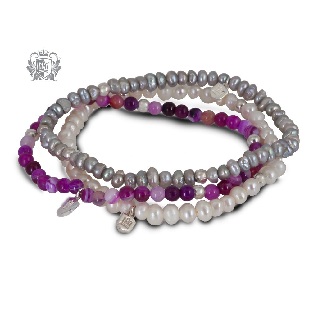 GreyPearl, White Pearl, Pink Agate  Stackable Friendship Bracelets Sterling Silver