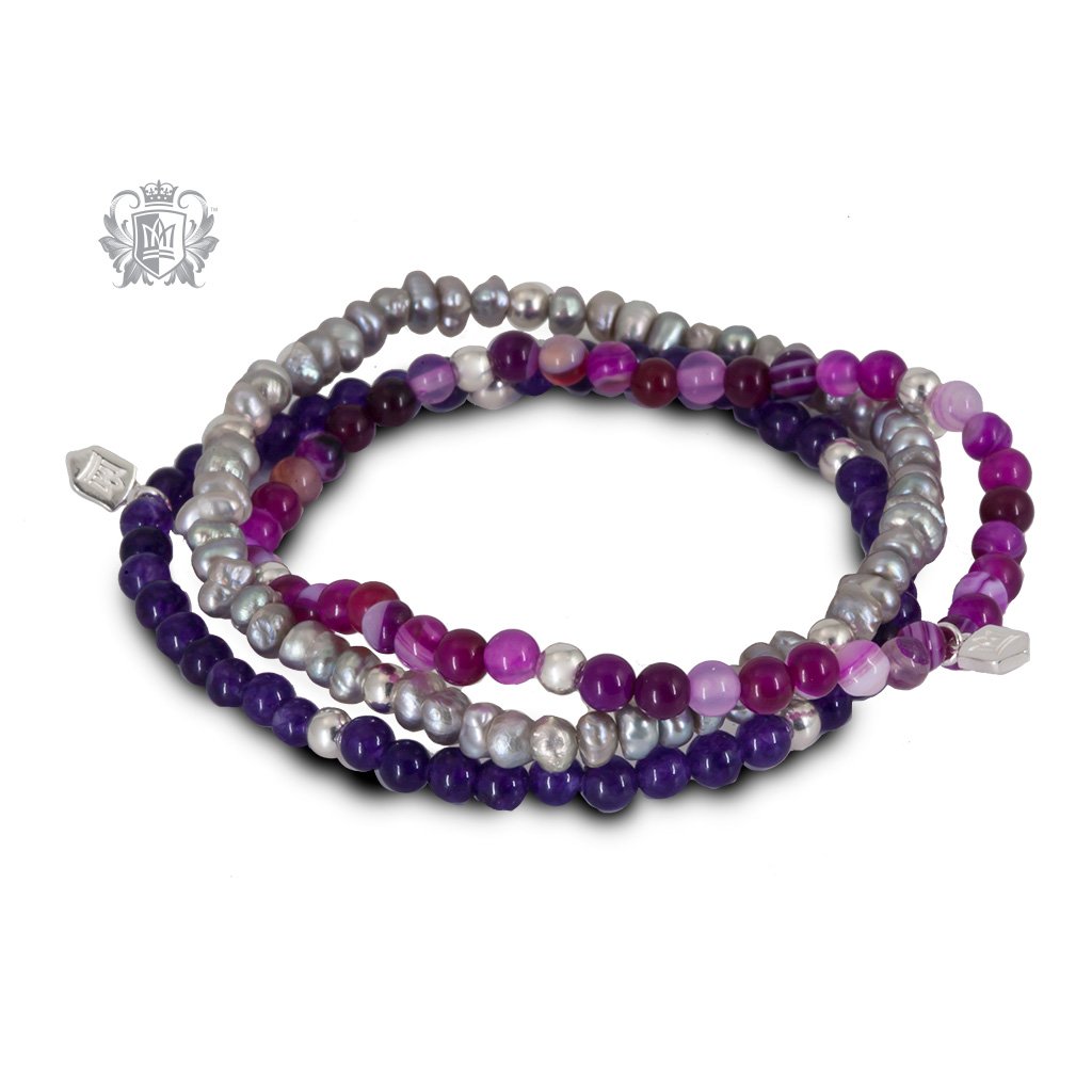 Amethyst, Pink Agate & Grey Pearl  Stackable Friendship Bracelets Sterling Silver