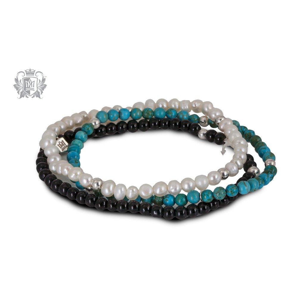 White Pearl, Turquoise & Black Onyx  Stackable Friendship Bracelets Sterling Silver