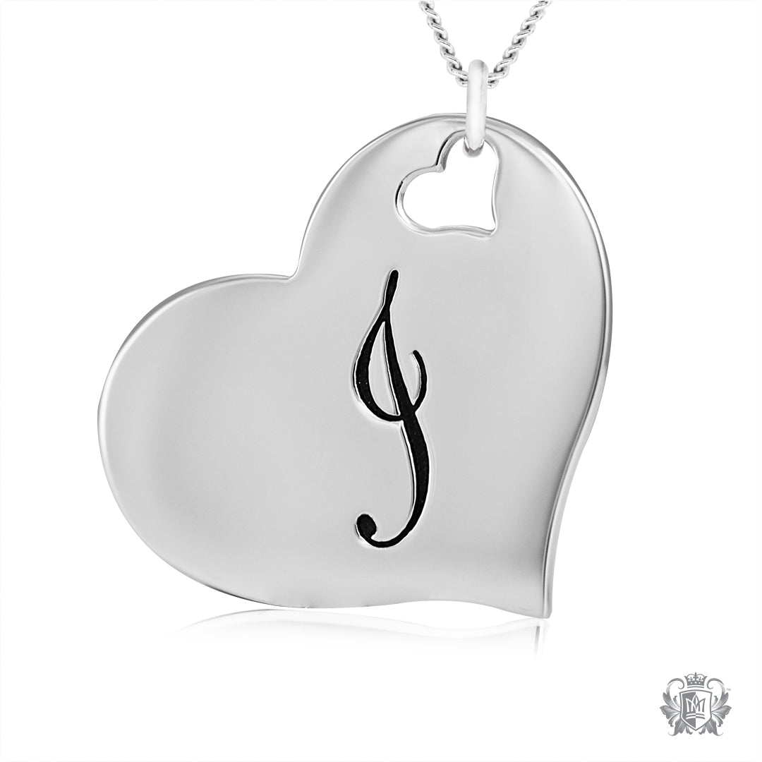 Engraved Letter J Initital Heart Pendant