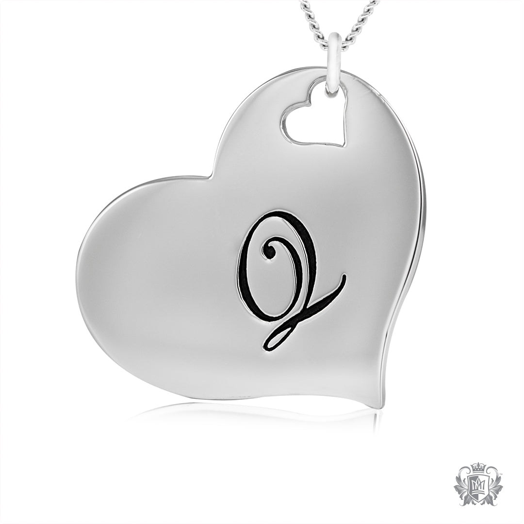 Engraved Letter Q Initial Heart Pendant