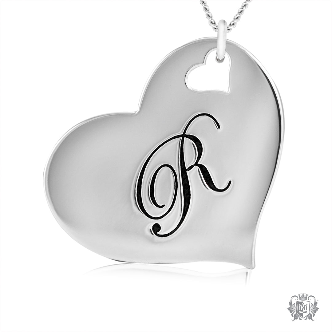 Engraved Letter R Initial Heart Pendant