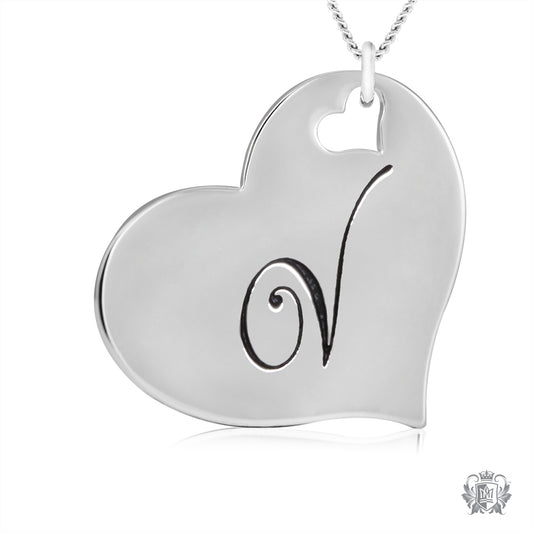 Engraved Letter V Initial Heart Pendant