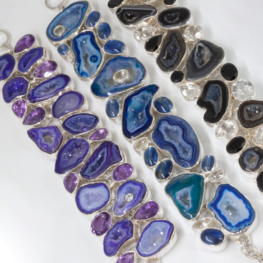 Double Row Bracelet Sterling Silver One Of A Kind Amethyst Agate Denim Agate Black Agate