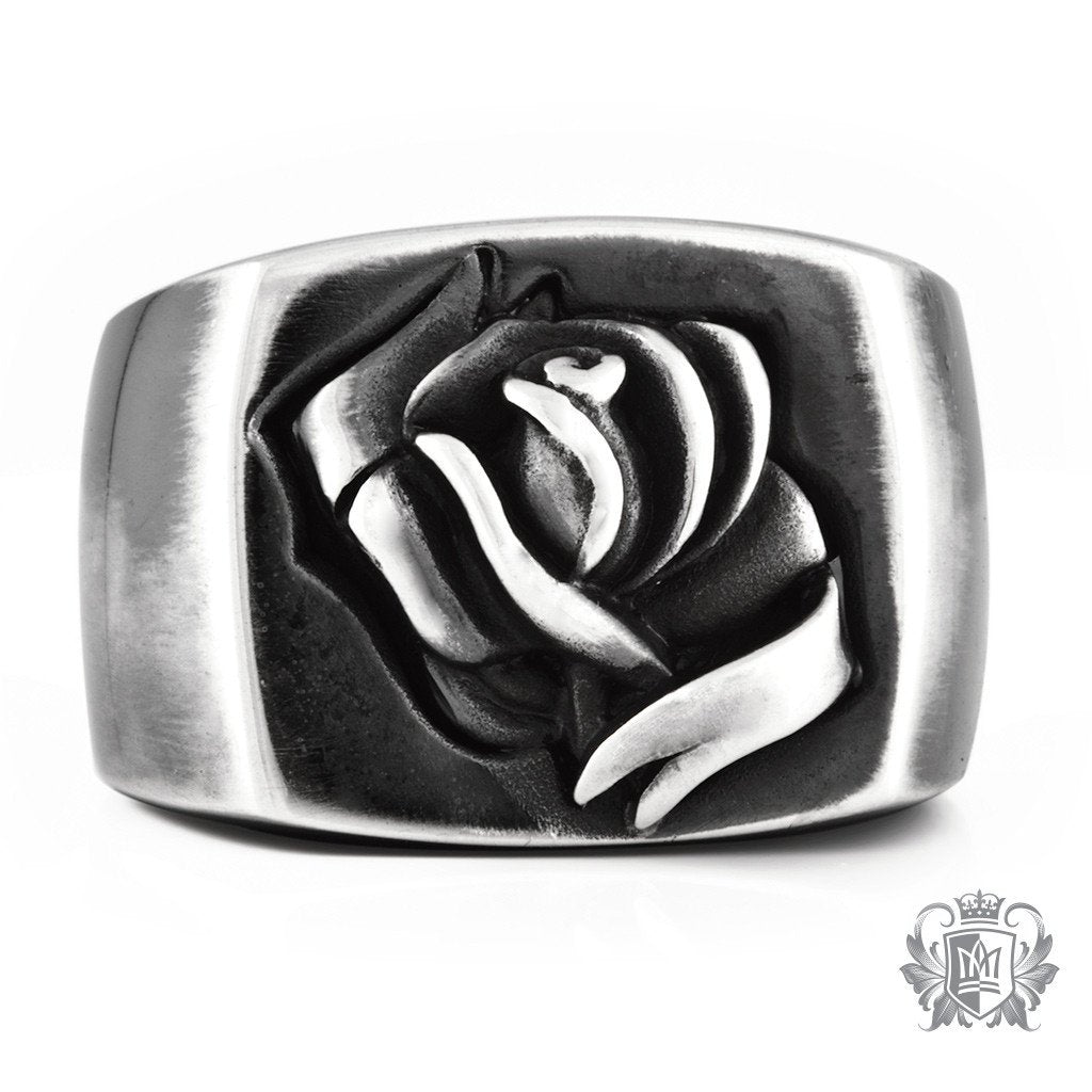 Metalsmiths Sterling Silver Tattoo Ribbon Rose Signet Ring - front