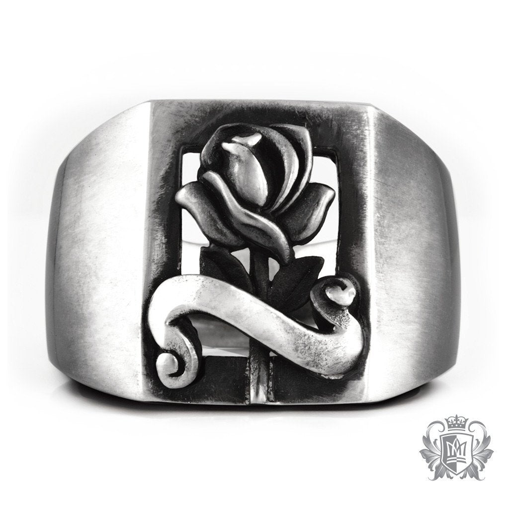 Metalsmiths Sterling Silver Vintage Tattoo Rose Signet Ring - front