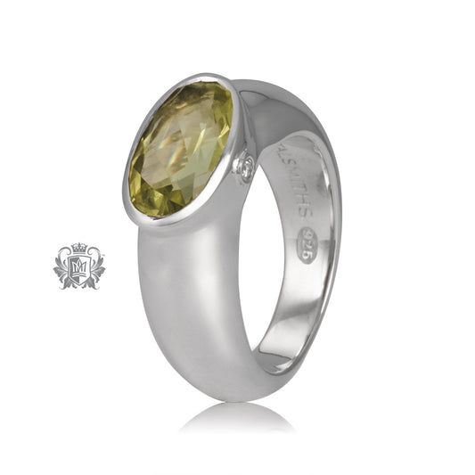 Green Quartz Oval Ring with Diamond Accents