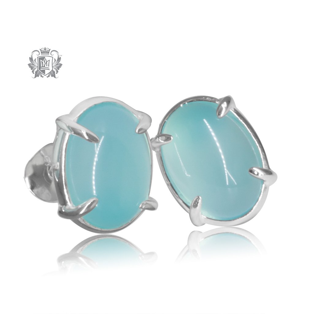 Aquamarine Agate Jellybean Prong Set Stud Earrings Sterling Silver