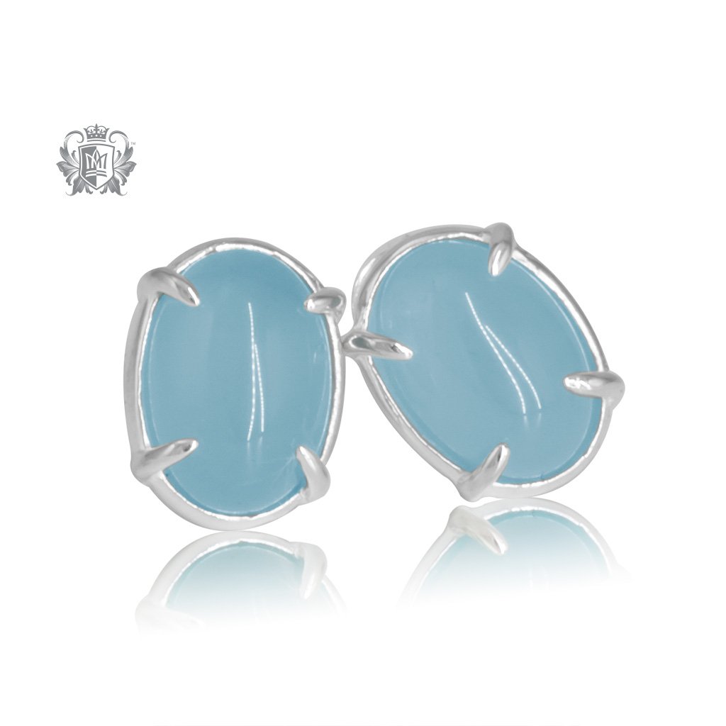 Sky Blue Agate Jellybean Prong Set Stud Earrings