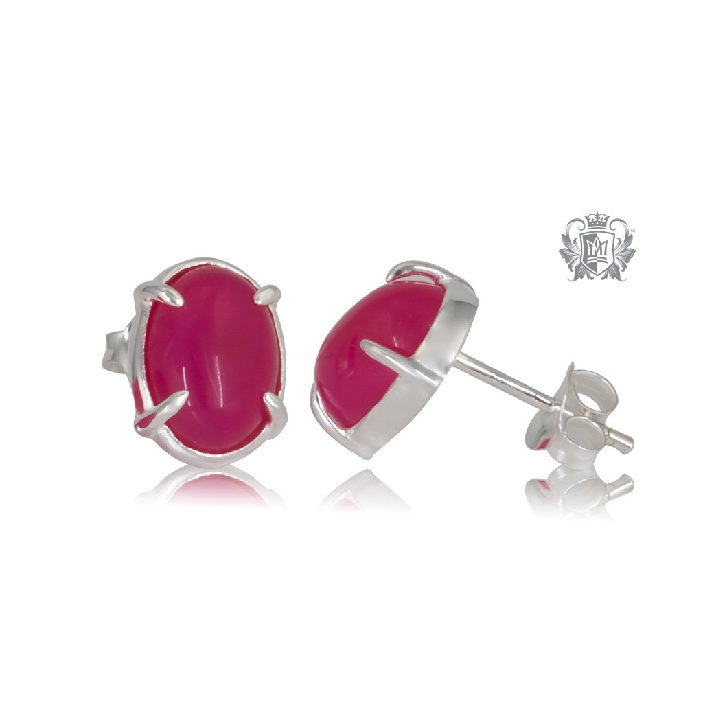 Raspberry Agate Jellybean Prong Set Stud Earrings Sterling Silver Front