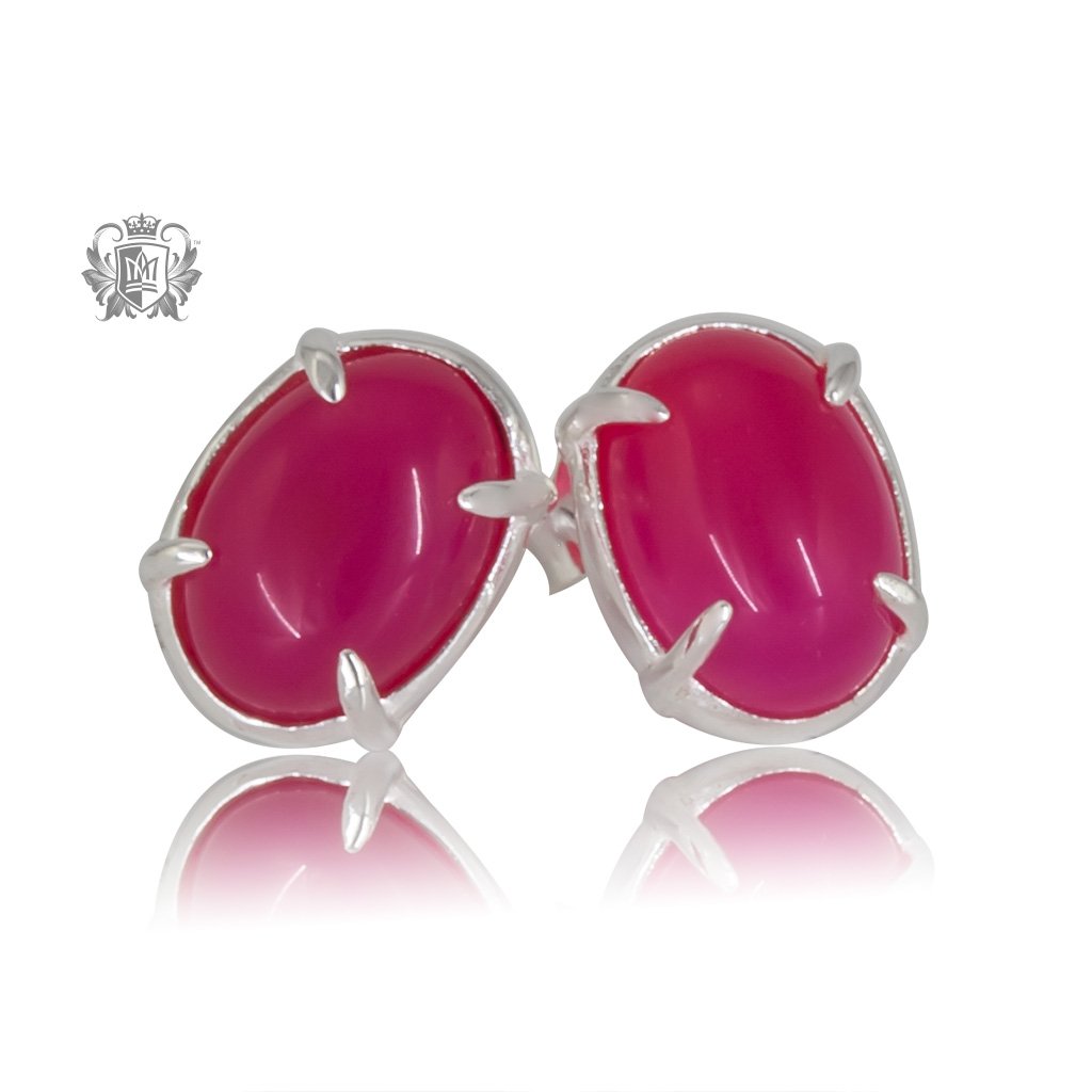 Raspberry Agate Jellybean Prong Set Stud Earrings Sterling Silver