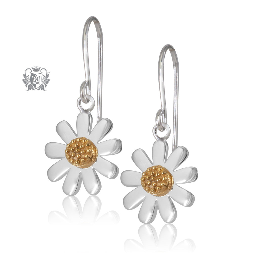 Silver daisy dangle earrings with gold centre.