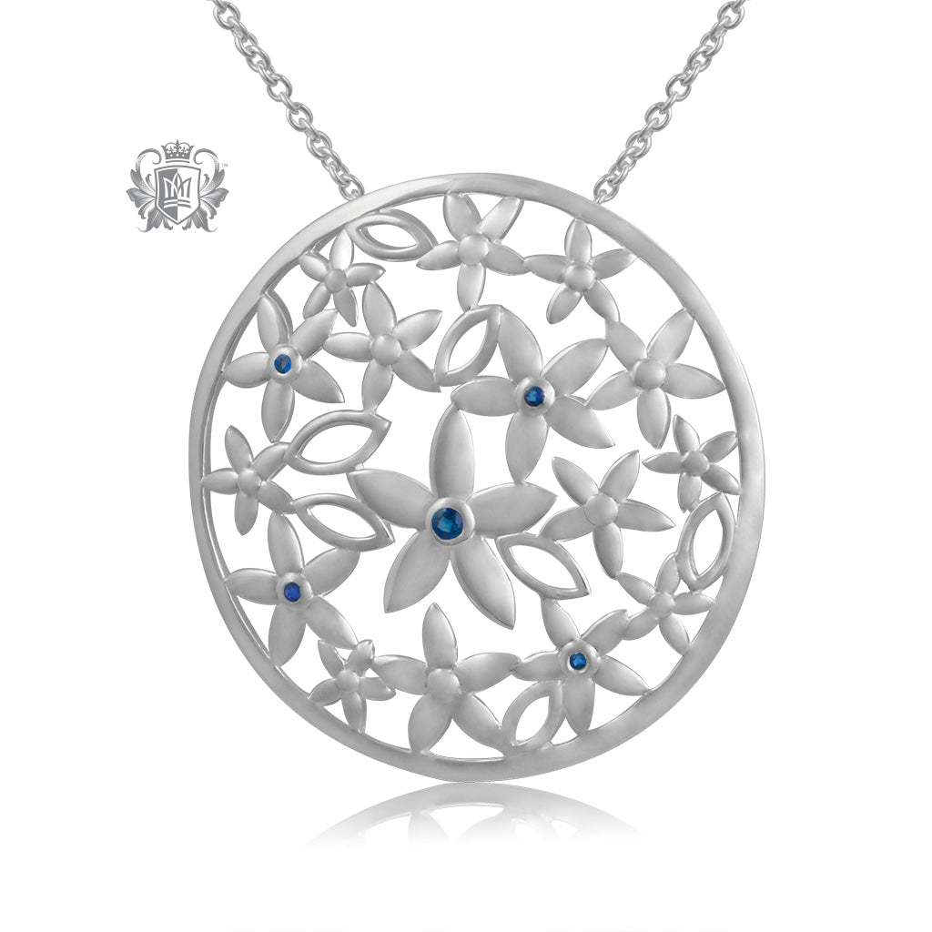 Daisy Pattern Pendant with Sapphire Cubic Accents