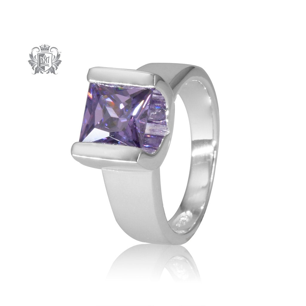Amethyst Cubic Large Square Channel Set Ring Sterling Silver