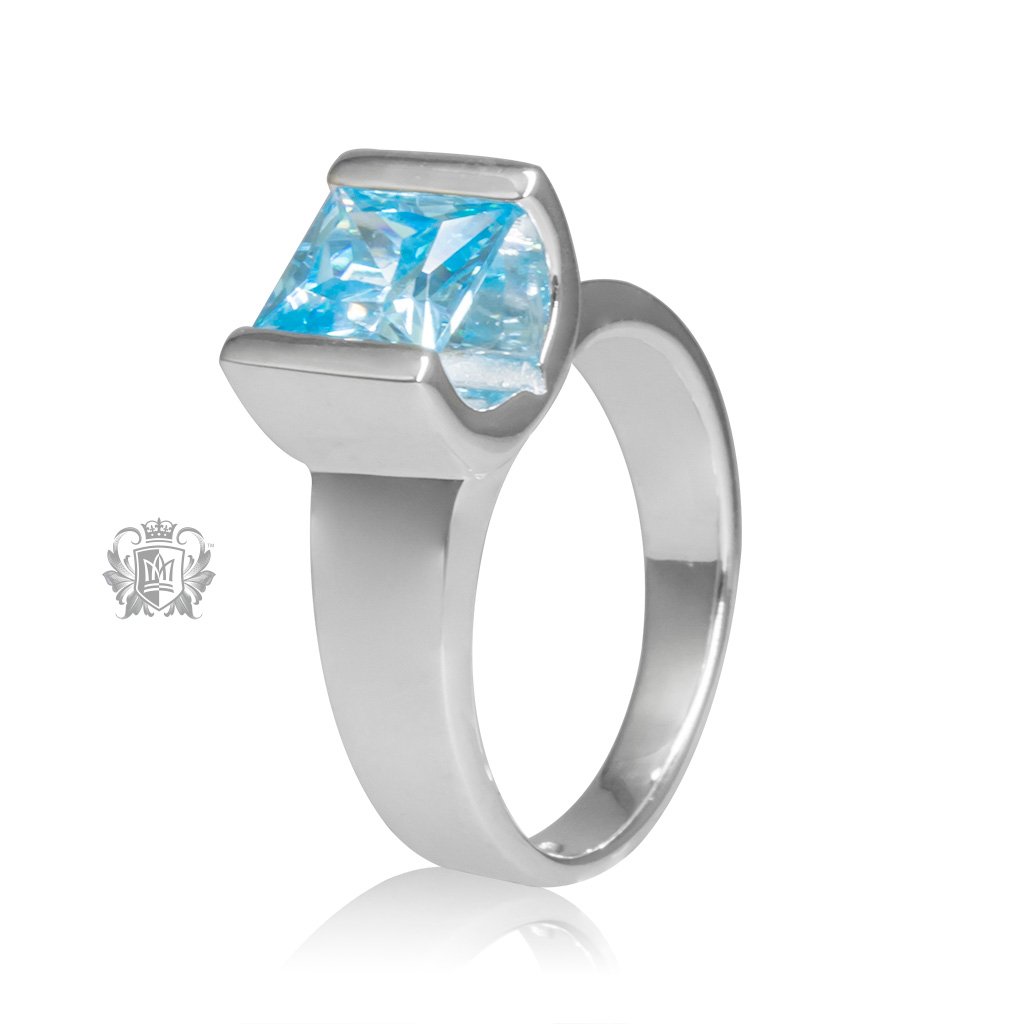 Blue Topaz Cubic Large Square Channel Set Ring Sterling Silver