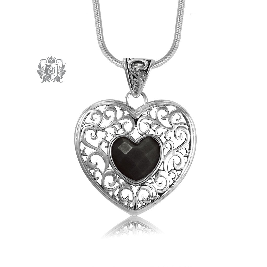 Black Onyx Scrolled Heart Pendant Sterling Silver