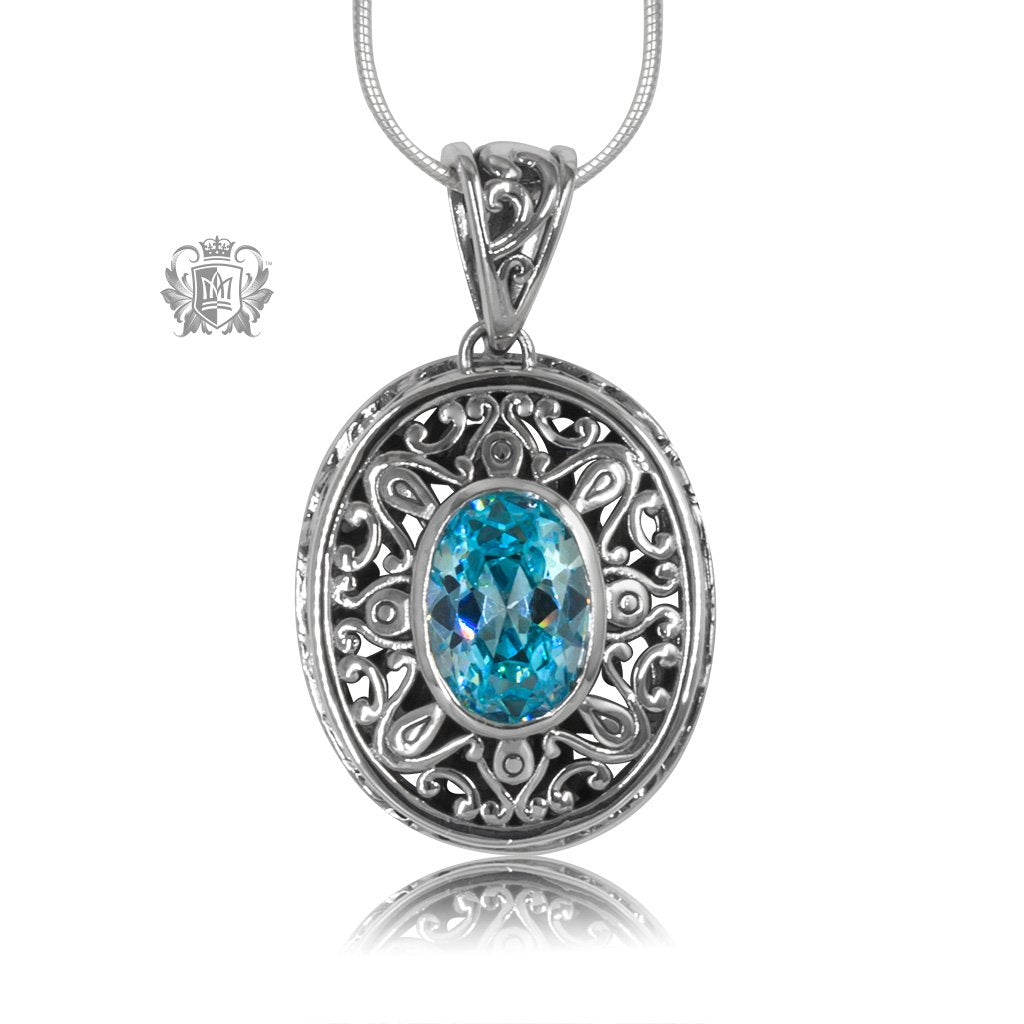 Blue Topaz Cubic Oval Gemstone Pendant Sterling Silver