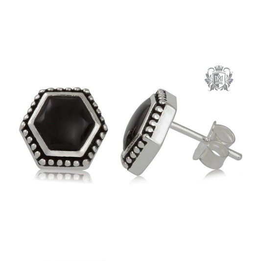 Black Onyx Hexagon Stud Earrings Sterling Silver