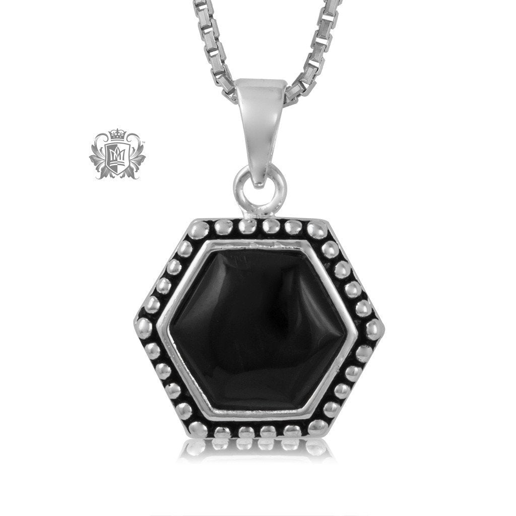 Black Onyx Hexagon Drop Pendant Sterling Silver Necklace