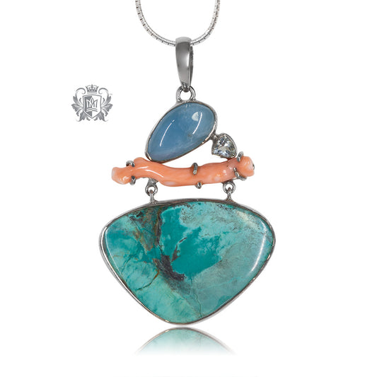 Tibetan Turquoise, Taiwanese Coral, Aquamarine,  & Blue Topaz Statement Pendant