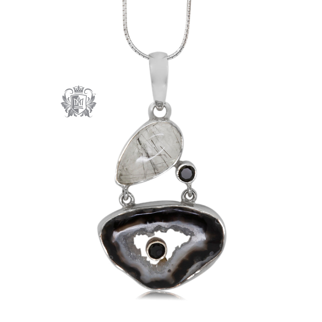 Black Agate Slice & Rutilated Quartz Pendant